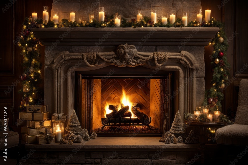 Glowing candles and a warm fireplace creating a cozy holiday ambiance.