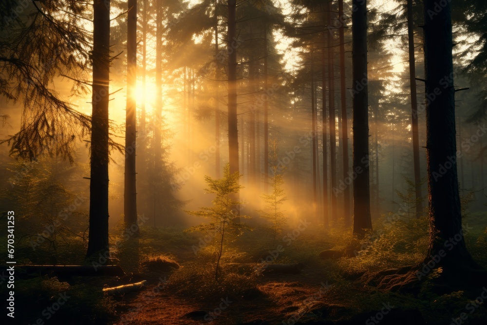 Golden hour casting a magical glow on the forest Golden hour casting a magical glow on the forest