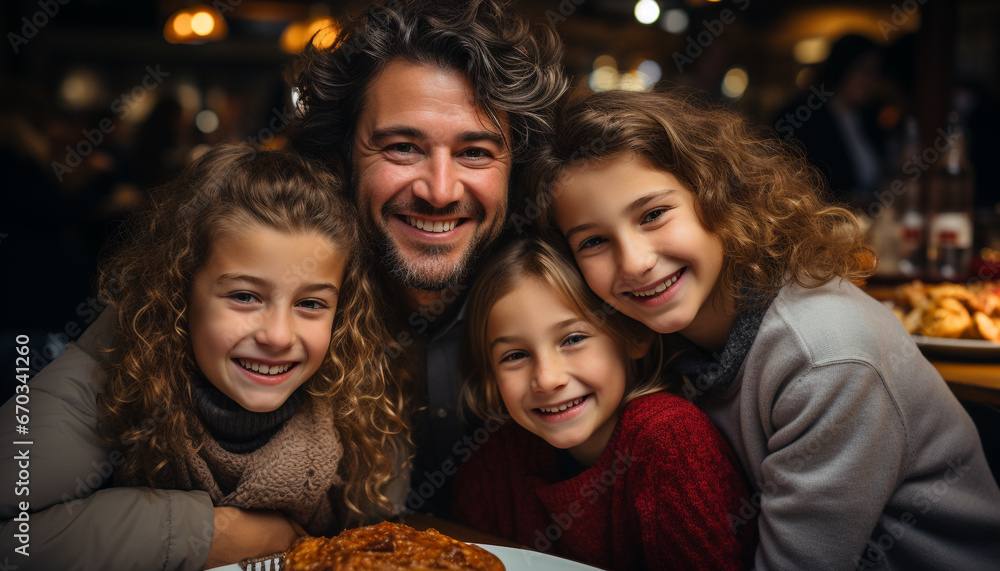 Smiling family, cheerful parents, cute children, enjoying winter meal generated by AI Smiling family, cheerful parents, cute children, enjoying winter meal generated by AI