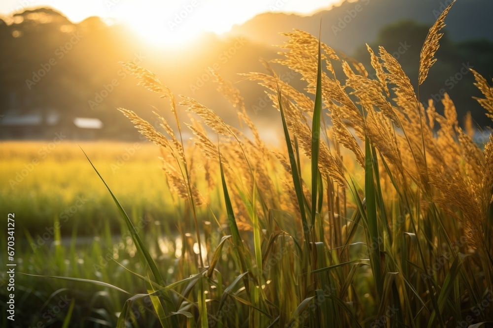 Fototapeta premium Golden sunlight filtering through rice stalks in a serene paddy field