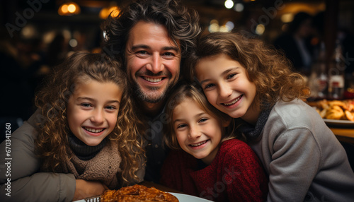 Smiling family, cheerful parents, cute children, enjoying winter meal generated by AI