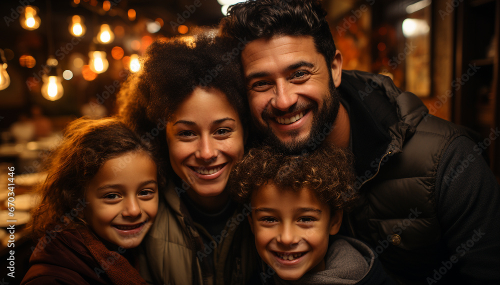 A happy family embraces, smiling, enjoying winter vacation together generated by AI A happy family embraces, smiling, enjoying winter vacation together generated by AI