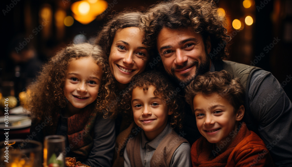 A cheerful family, smiling and embracing, enjoying a fun celebration generated by AI A cheerful family, smiling and embracing, enjoying a fun celebration generated by AI
