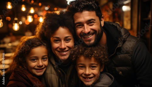 A happy family embraces, smiling, enjoying winter vacation together generated by AI