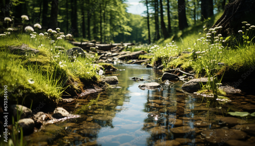 Tranquil scene green forest, flowing water, reflecting autumn mountain generated by AI Tranquil scene green forest, flowing water, reflecting autumn mountain generated by AI