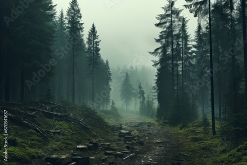 Misty forest landscape that invites exploration and discovery photo