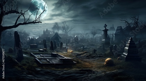 Moonlit graveyard with tombstones and a misty atmosphere, creating a hauntingly beautiful Halloween scene