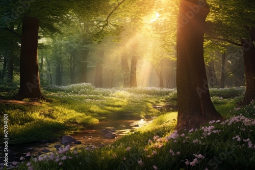 Peaceful forest glade with sunlight streaming through