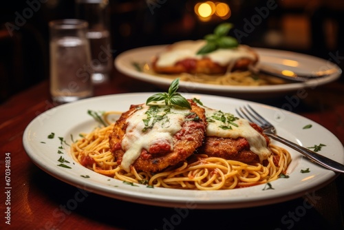 Plates of chicken parmigiana served with a side of spaghetti carbonara