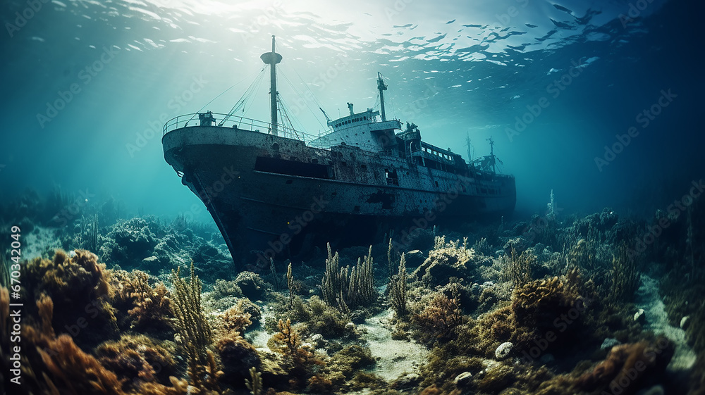 sunken ship landscape on the seabed, underwater view shipwreck artificial reef abstract fictional graphics - obrazy, fototapety, plakaty 
