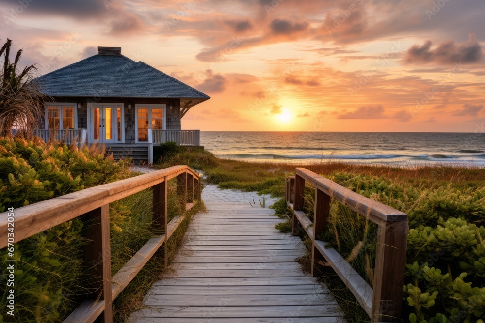 Relaxing beach house getaway with a private path leading to the shore - obrazy, fototapety, plakaty 