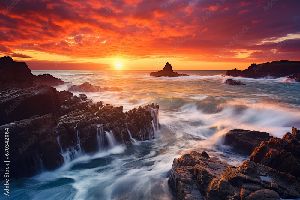 Obraz premium Rocky coastline and crashing waves under a fiery sunset sky