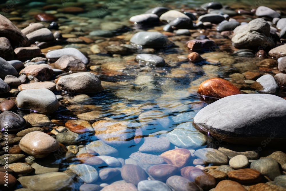 Rocky riverbed with clear water flowing over polished stones Rocky riverbed with clear water flowing over polished stones