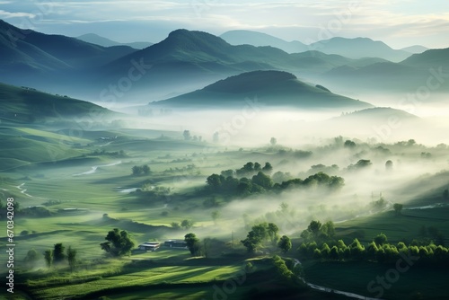 Rolling countryside blanketed in mist, creating an ethereal natural scene