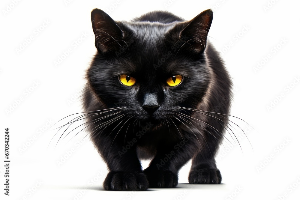 Sinister black cat with glowing eyes and arched back isolated on a clean white background for Halloween.