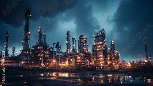 oil refinery pipe panorama, gloomy atmosphere, environmental pollution, ecology, carbon footprint photo