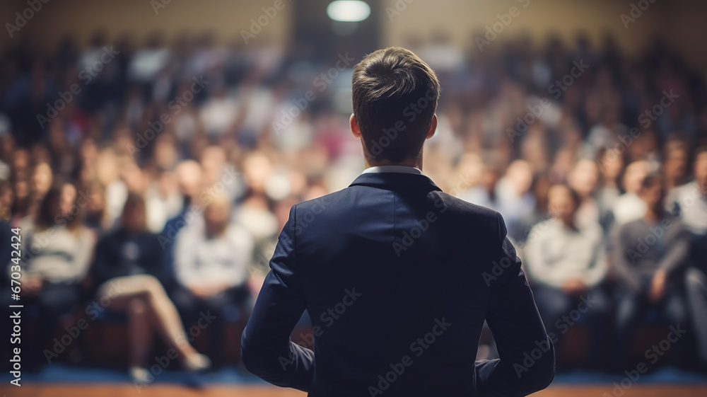 speaker in front of the audience back view, debate, male lecturer speaking in front of a hall of people, the concept of public speaking abstract fictional speaker in front of the audience back view, debate, male lecturer speaking in front of a hall of people, the concept of public speaking abstract fictional