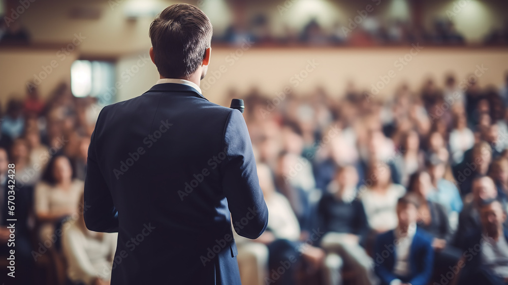speaker in front of the audience back view, debate, male lecturer speaking in front of a hall of people, the concept of public speaking abstract fictional speaker in front of the audience back view, debate, male lecturer speaking in front of a hall of people, the concept of public speaking abstract fictional