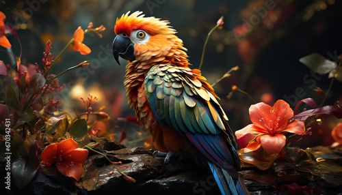 A vibrant, multi colored macaw perching on a branch in nature generated by AI