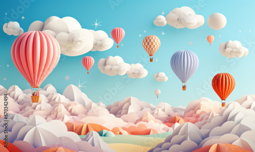 an illustration of clouds and balloons in a paper cut style