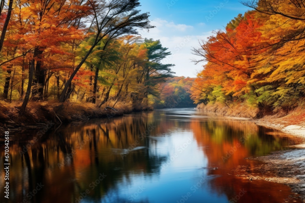 Tranquil river reflecting the colors of autumn foliage