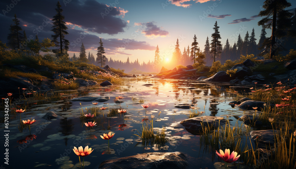 Tranquil sunset reflects on water, nature beauty in landscape generated by AI