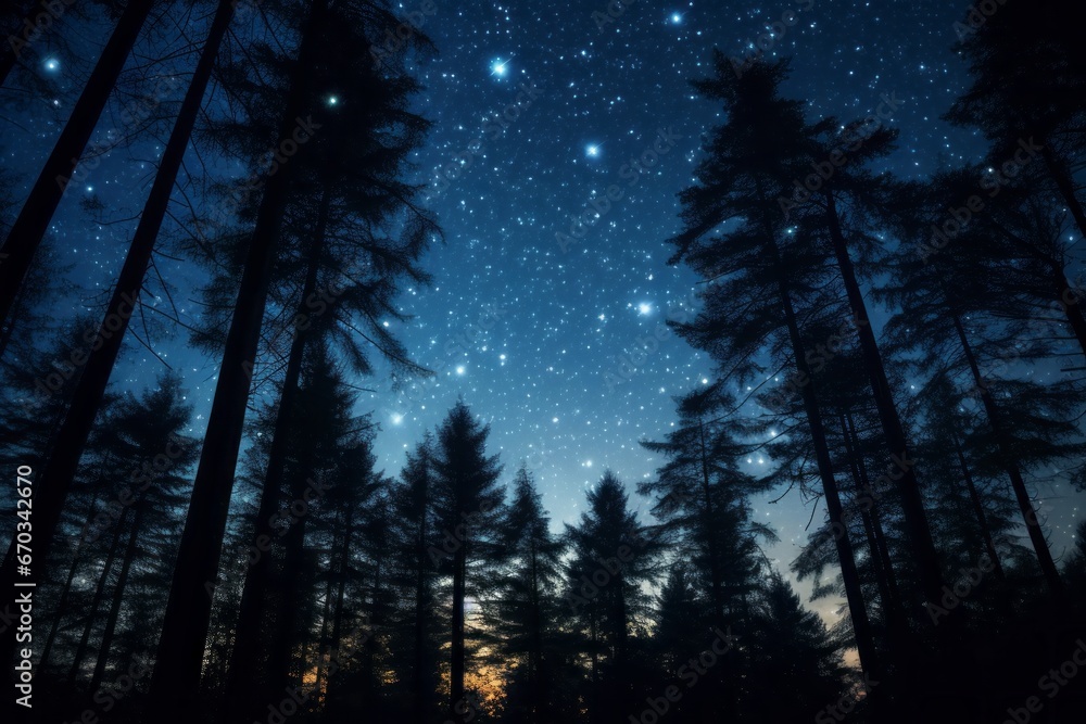 Starry night with silhouetted trees in the foreground