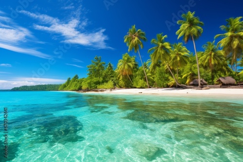 Tropical paradise with palm trees and turquoise waters forming an exotic wallpaper background
