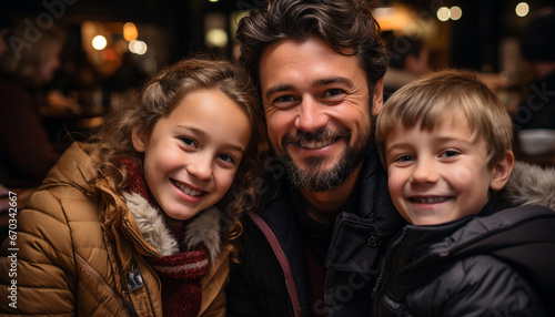 A happy family, smiling and embracing, enjoying winter night outdoors generated by AI