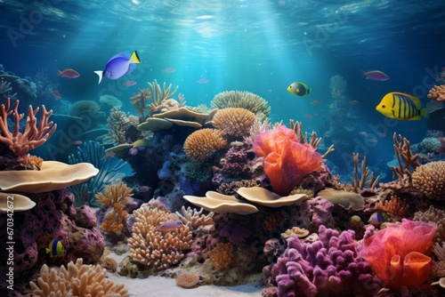 Underwater coral reef scene with a variety of marine species