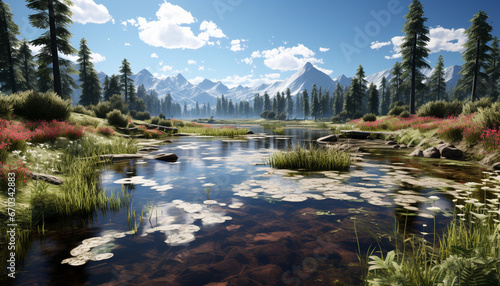 Majestic mountain peak reflects in tranquil pond  nature beauty generated by AI