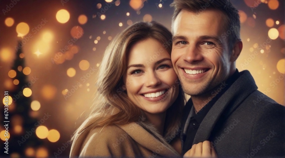 Portrait of a happy smiling european couple against firework new year party background, background image, AI generated Portrait of a happy smiling european couple against firework new year party background, background image, AI generated