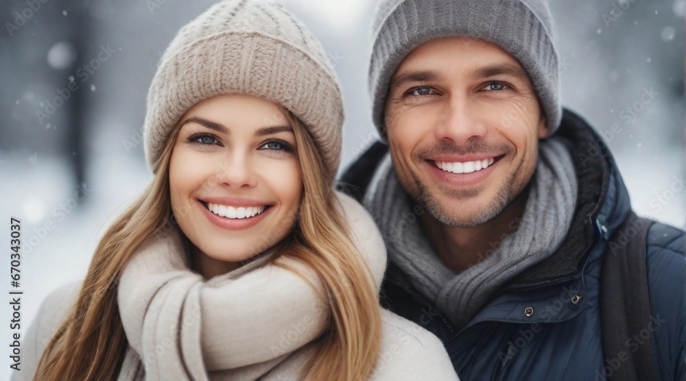 Portrait of a happy smiling european couple against winter ambience background, background image, AI generated Portrait of a happy smiling european couple against winter ambience background, background image, AI generated