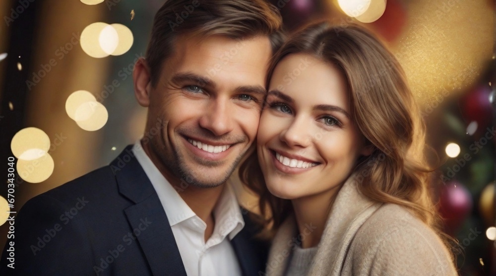 Portrait of a happy smiling european couple against new year party background, background image, AI generated Portrait of a happy smiling european couple against new year party background, background image, AI generated