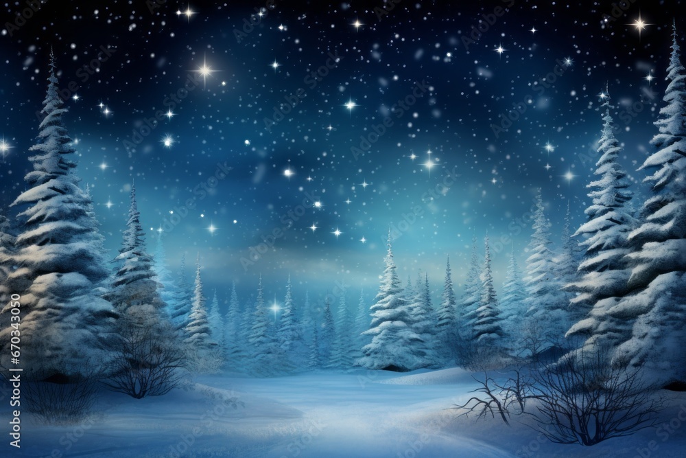 Winter wonderland scene with snowflakes, trees, and a starry sky.