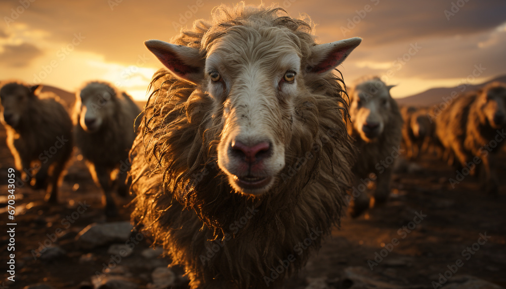 Cute animals grazing on a farm, nature beauty standing strong generated by AI Cute animals grazing on a farm, nature beauty standing strong generated by AI