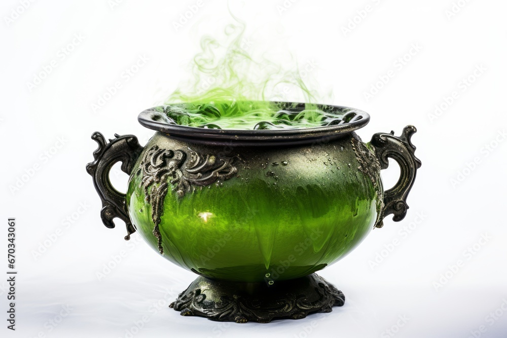 Witch's cauldron bubbling with green liquid on a white background. Witch's cauldron bubbling with green liquid on a white background.