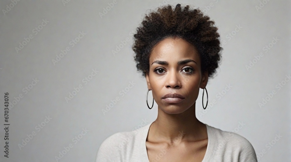 Portrait of an afro-american woman with a deep sad expression against white background, background image, AI generated Portrait of an afro-american woman with a deep sad expression against white background, background image, AI generated
