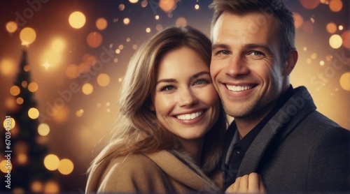 Portrait of a happy smiling european couple against firework new year party background, background image, AI generated
