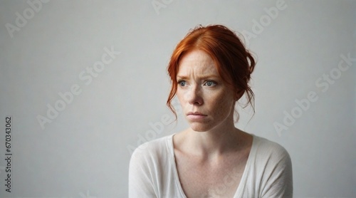 Portrait of a red hair woman with a deep sad expression  against white background, background image, AI generated photo