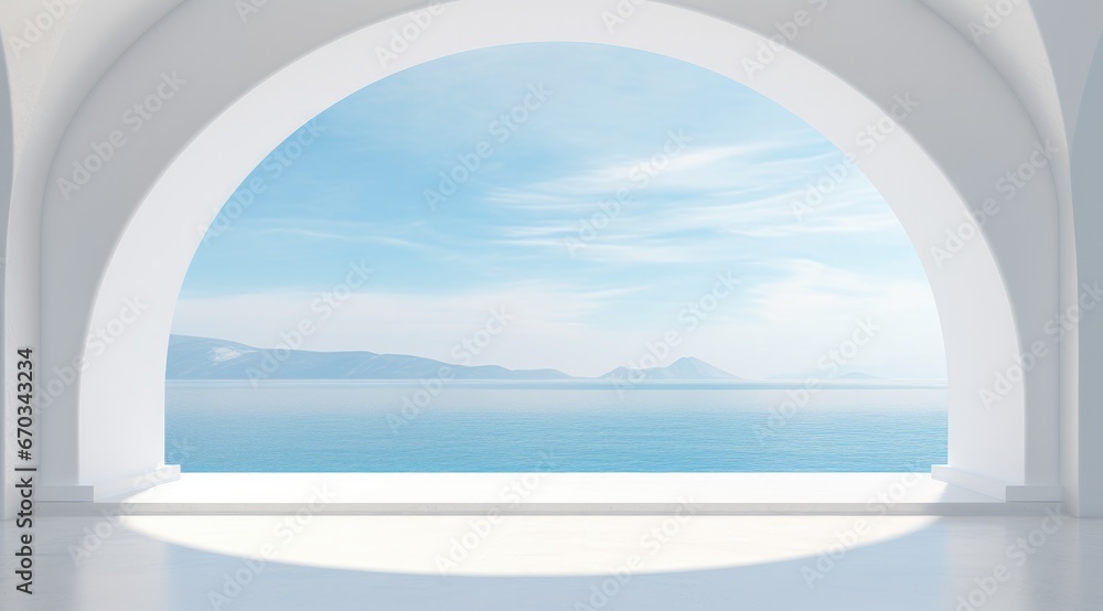 White room with an archway and a view of the ocean. White room with an archway and a view of the ocean.