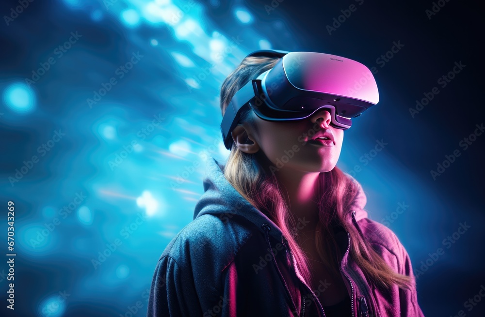 Woman with VR glasses watching a virtual reality picture. Woman with VR glasses watching a virtual reality picture.
