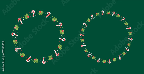 Round Christmas Frame Border Set, Winter Holiday Graphics. Cute Mistletoe and Candy Cane pattern, card and social media post template vector illustration.