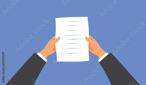 Businessman Holding a Contract Vector Cartoon Illustration. Corporate worker holds a written agreement and reads it
