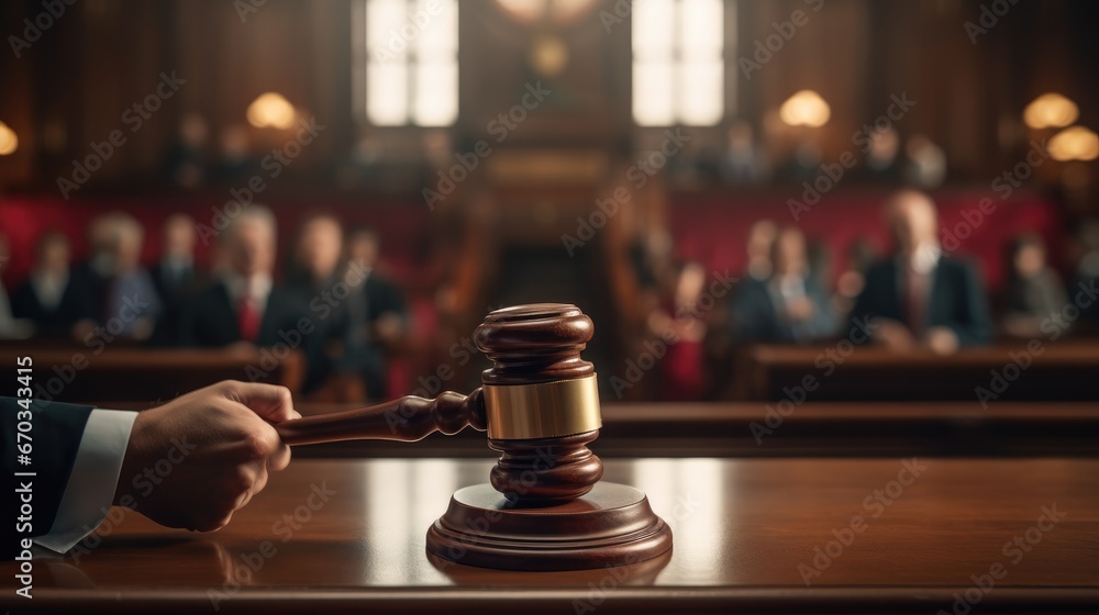 Abstract shot of a judge giving a gavel in court. - obrazy, fototapety, plakaty 