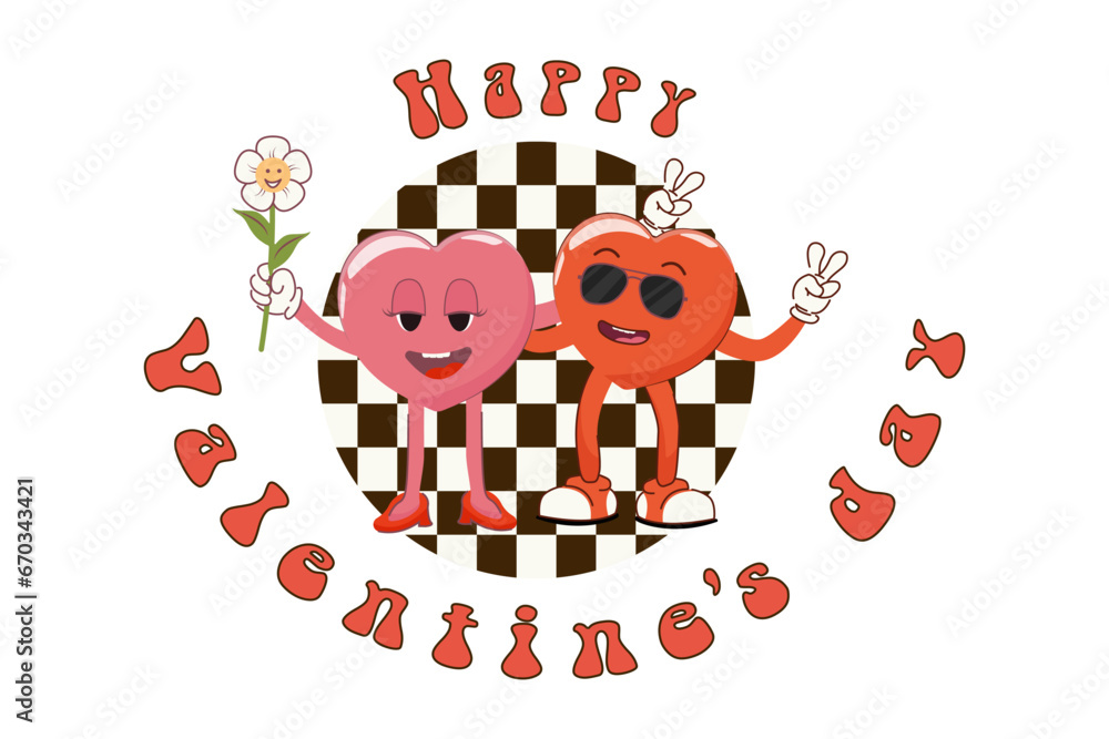 Retro poster with cartoon heart and background. Happy Valentine's Day. Retro cartoon poster with funny characters. Retro poster with cartoon heart and background. Happy Valentine's Day. Retro cartoon poster with funny characters.