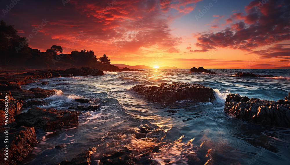 Sunset over the tranquil coastline, waves crashing on rocky cliffs generated by AI