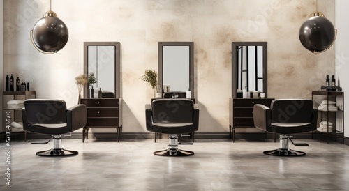 Black hair salon chairs on a white floor, in the style of use of earth tones.