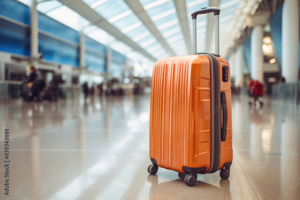 Modern orange suitcase in the airport Modern orange suitcase in the airport