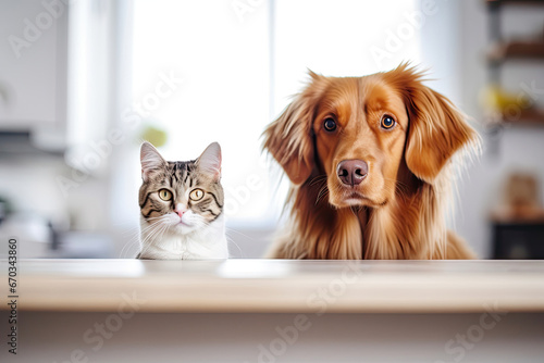 Dog and cat sitting at the table and waiting for food